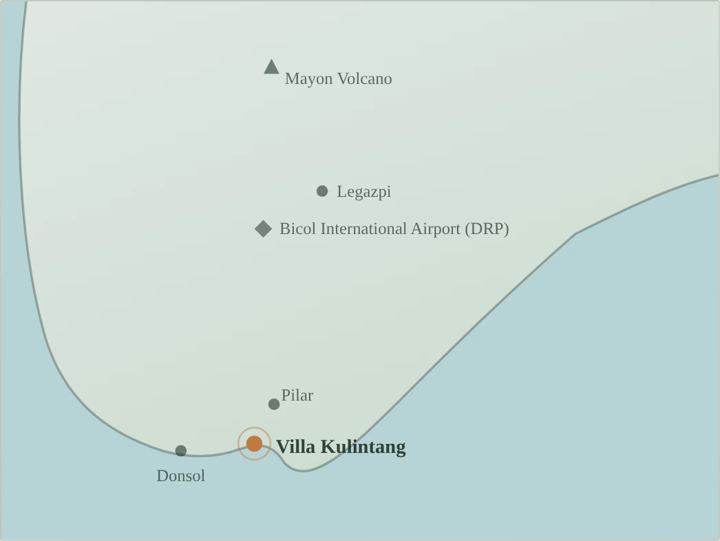 Schematic map showing Villa Kulintang, Pilar, Donsol, Legazpi, Bicol International Airport and Mayon Volcano